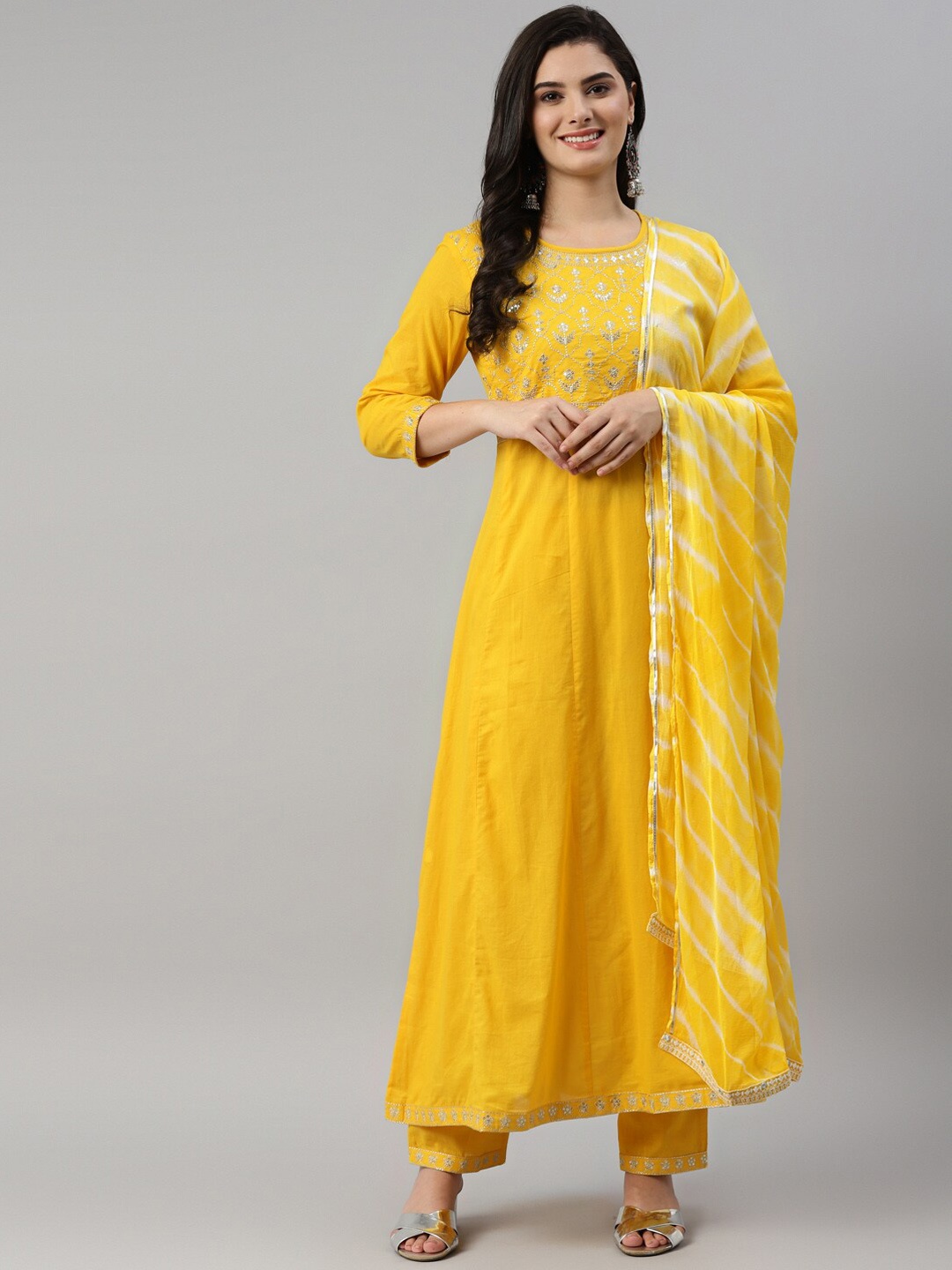 

HERE&NOW Women Yellow Embroidered A-Line Kurta with Trousers & With Dupatta