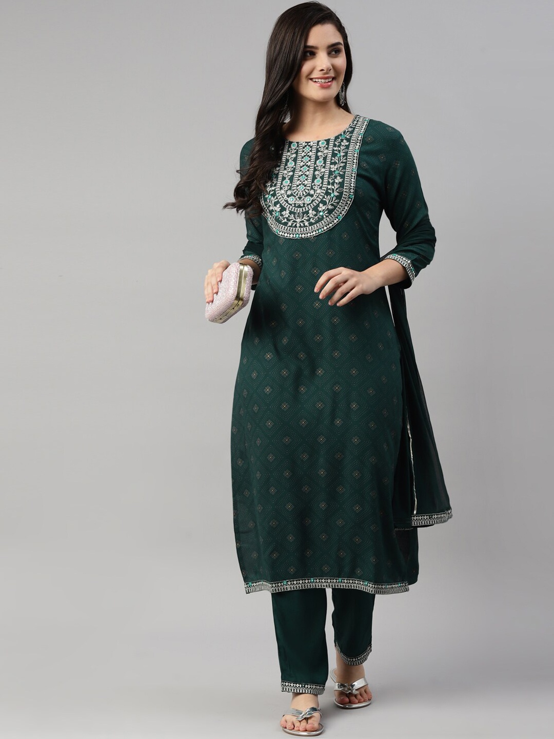 

HERE&NOW Women Green Embroidered Kurta with Trousers & With Dupatta