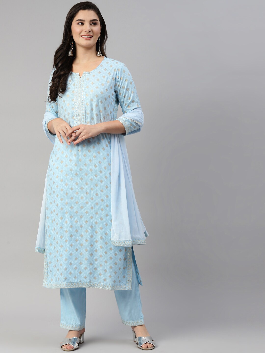 

HERE&NOW Women Turquoise Blue Printed Kurta with Trouser & With Dupatta Set