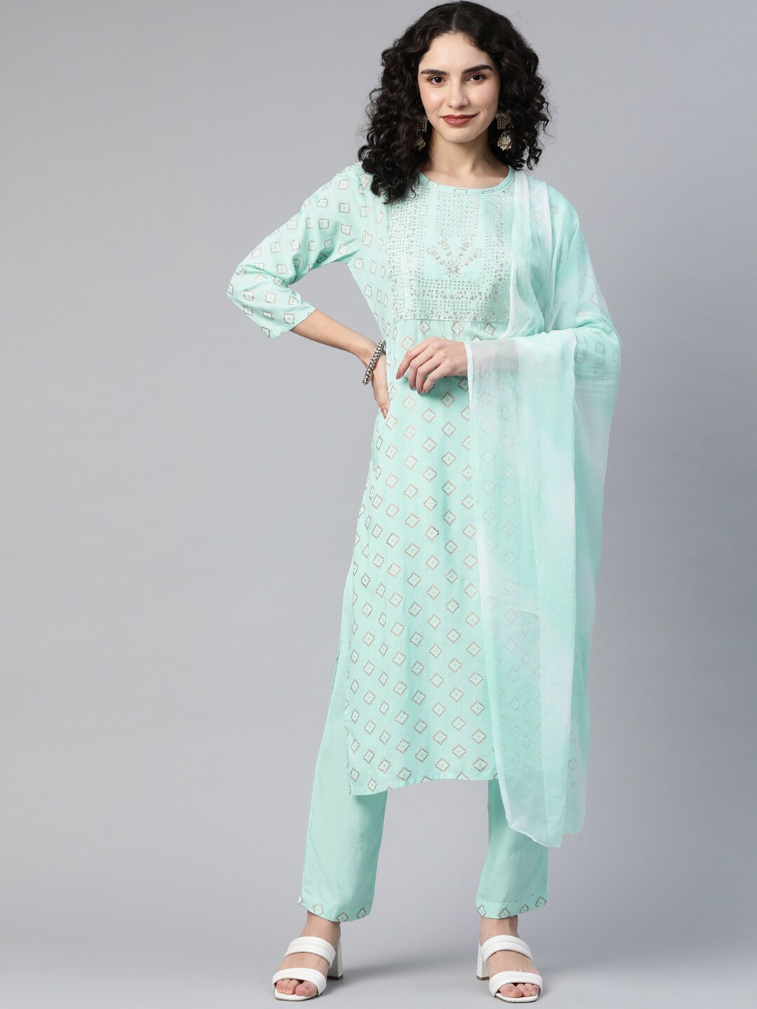 

HERE&NOW Women Blue Embroidered Kurta with Trousers & With Dupatta