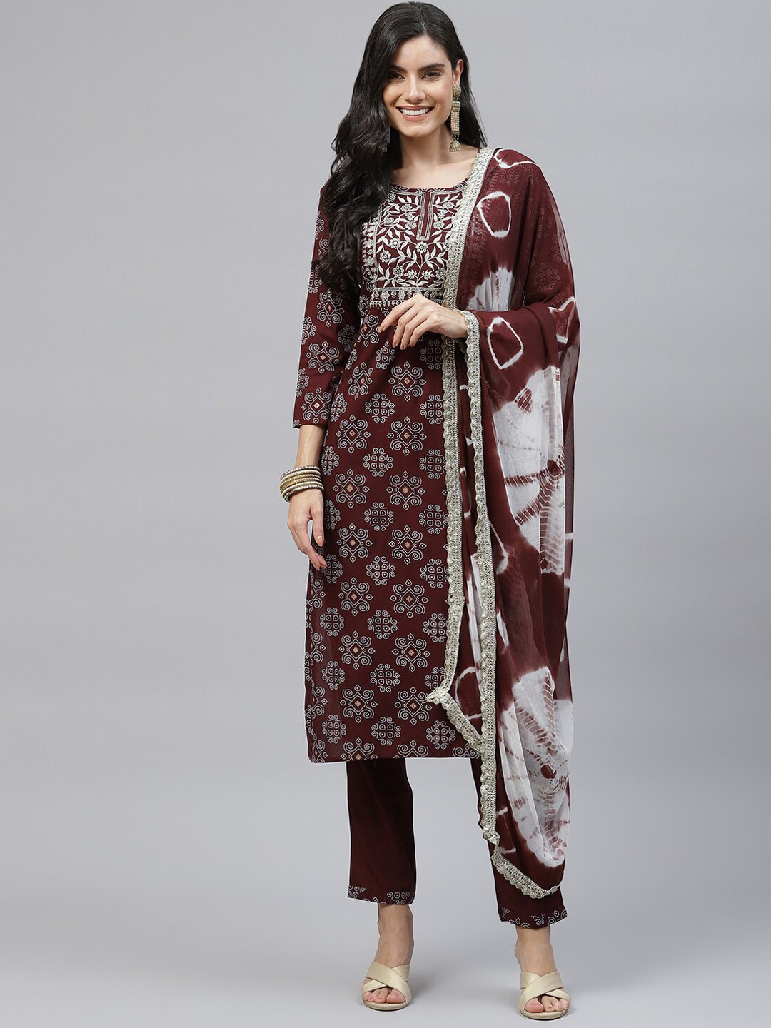 

HERE&NOW Women Maroon Ethnic Motifs Embroidered Kurta with Trousers & With Dupatta