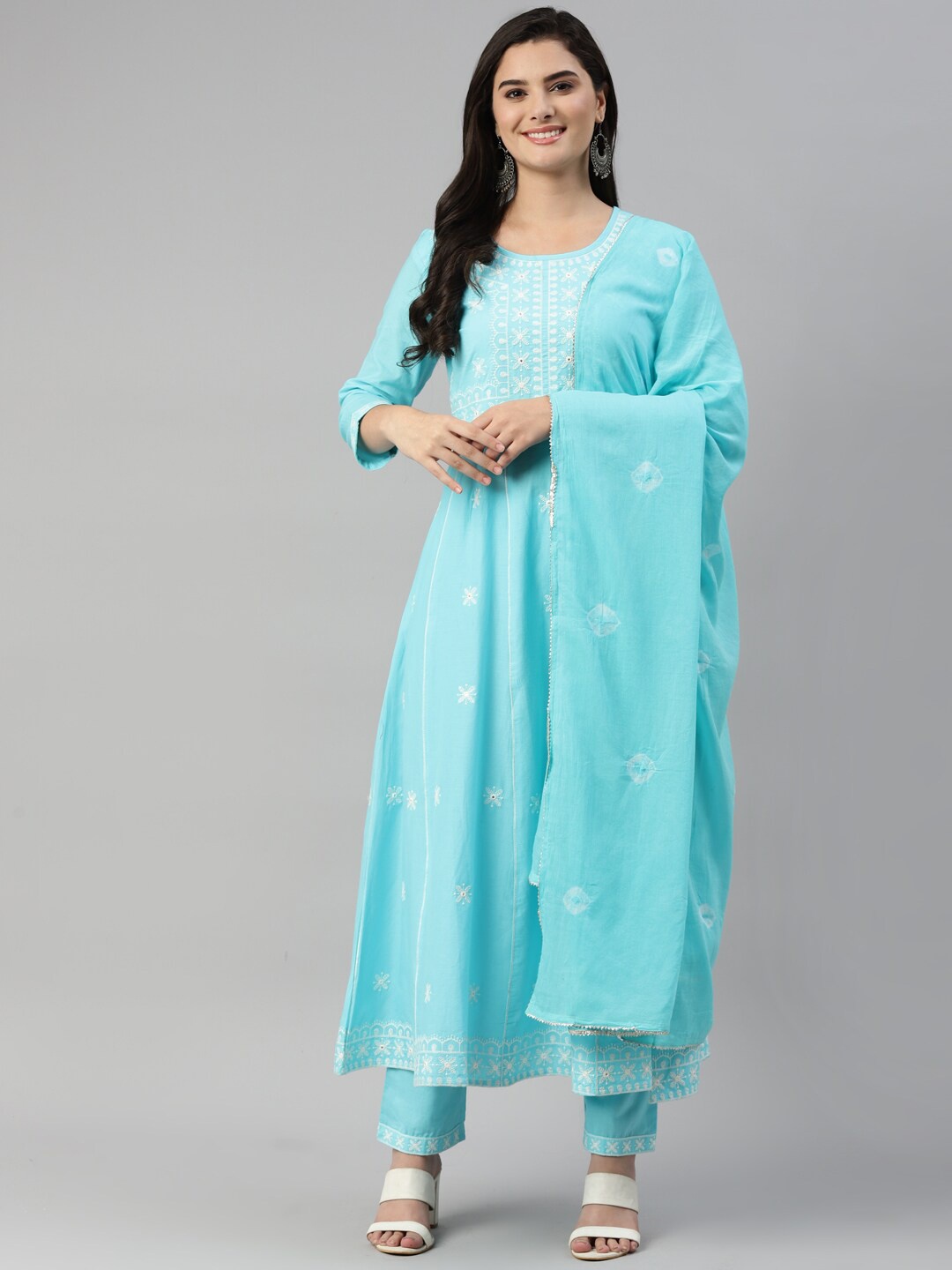 

HERE&NOW Women Blue Ethnic Motifs Printed Kurta with Trousers & With Dupatta