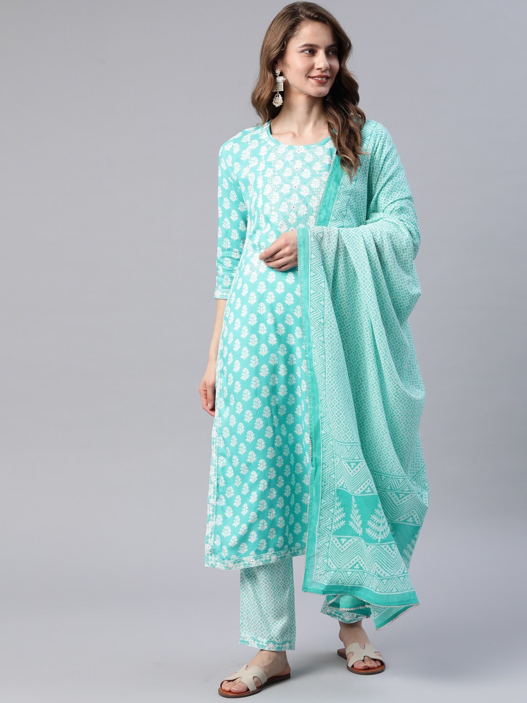 

HERE&NOW Women Blue Floral Embroidered Kurta with Trousers & With Dupatta