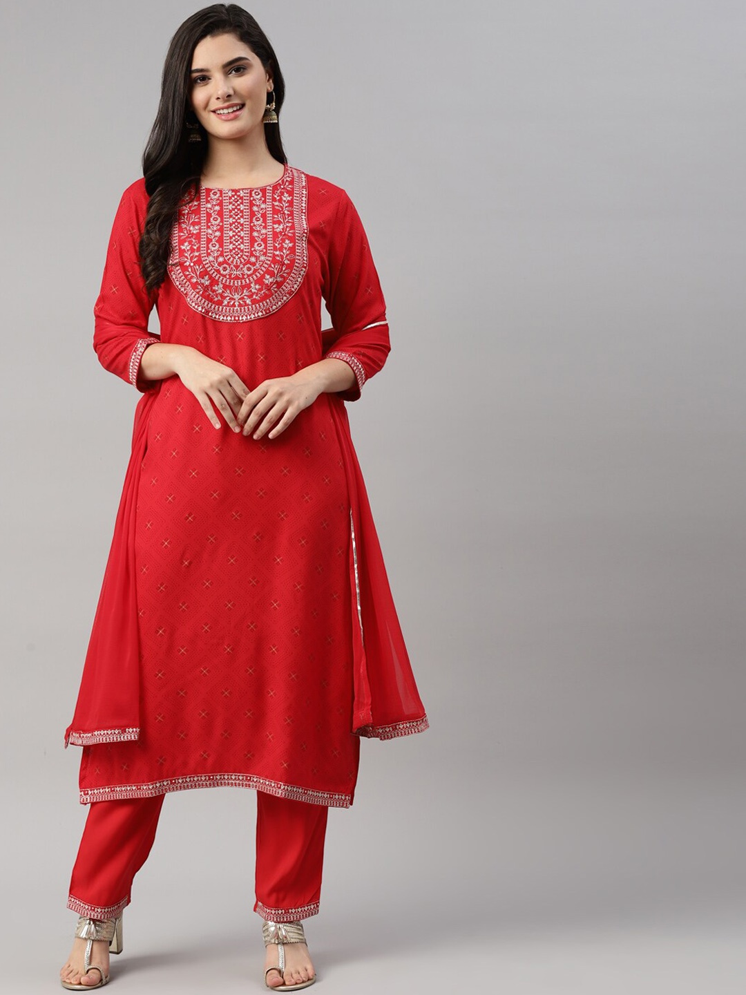 

HERE&NOW Women Red Ethnic Motifs Embroidered Kurta with Trousers & With Dupatta