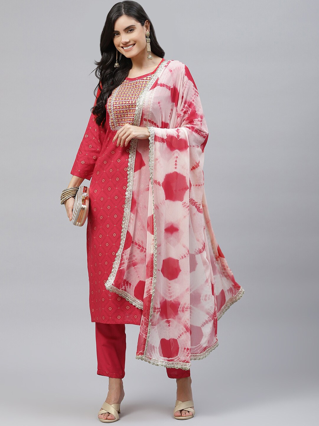 

HERE&NOW Women Pink Embroidered Straight Kurta with Trousers & With Dupatta