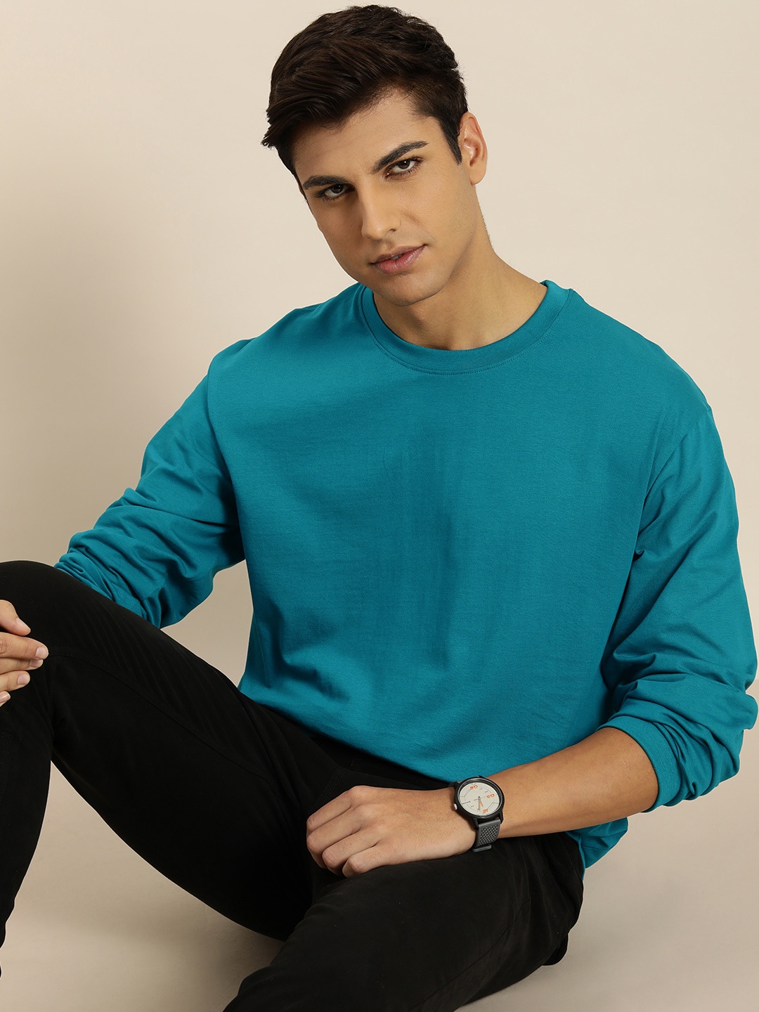 

Difference of Opinion Men Teal Blue Cotton Drop-Shoulder Sleeves Oversized T-shirt