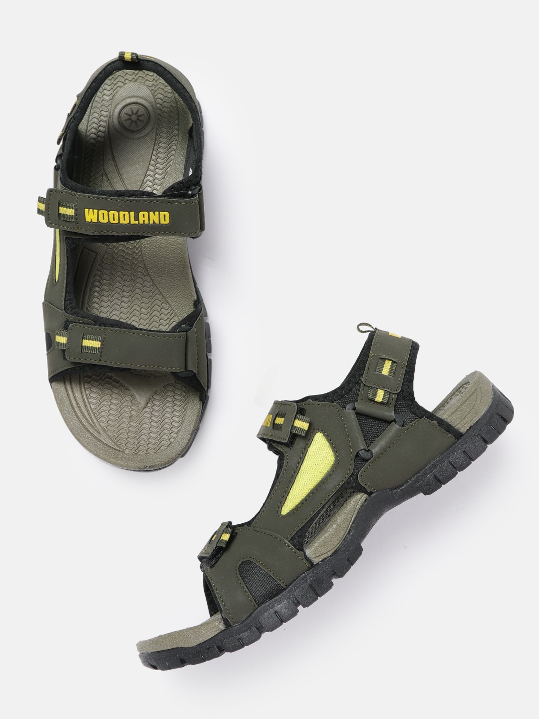 

Woodland Men Olive Green & Yellow Brand Logo Printed Sports Sandals