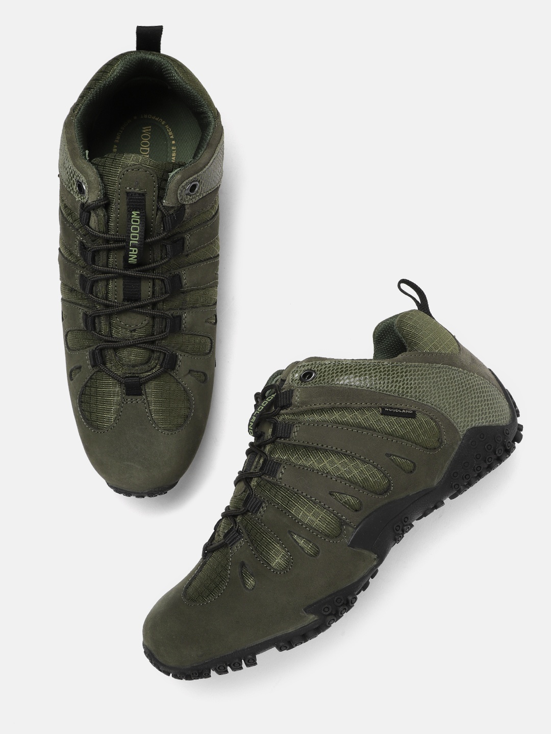 

Woodland Men Olive Green Woven Design Leather Sneakers