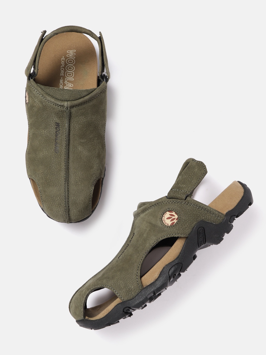 

Woodland Men Olive Green Textured Leather Comfort Sandals