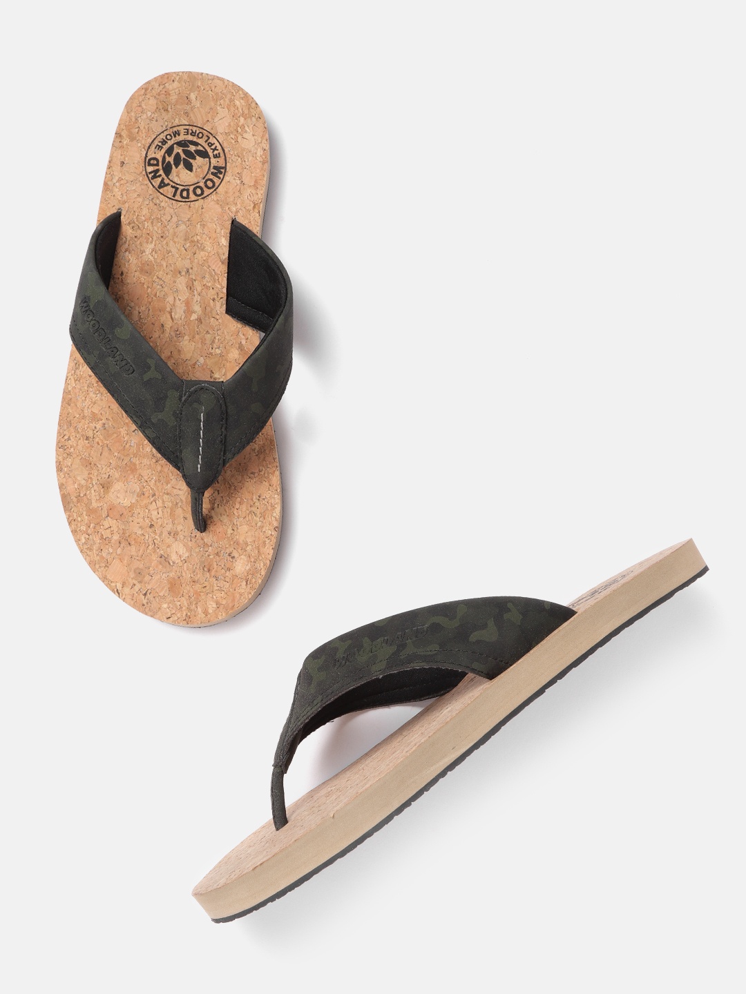 

Woodland Men Olive Green & Black Camouflage Print Leather Comfort Sandals