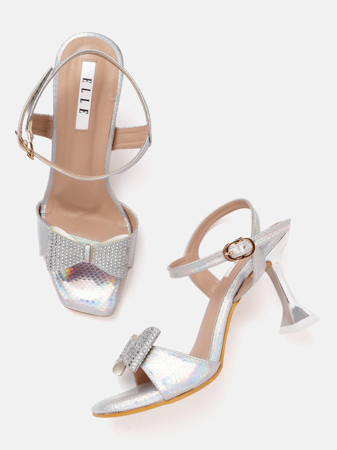 

ELLE Silver-Toned Iridescent Effect Party Slim Heels with Embellished Bow Detail