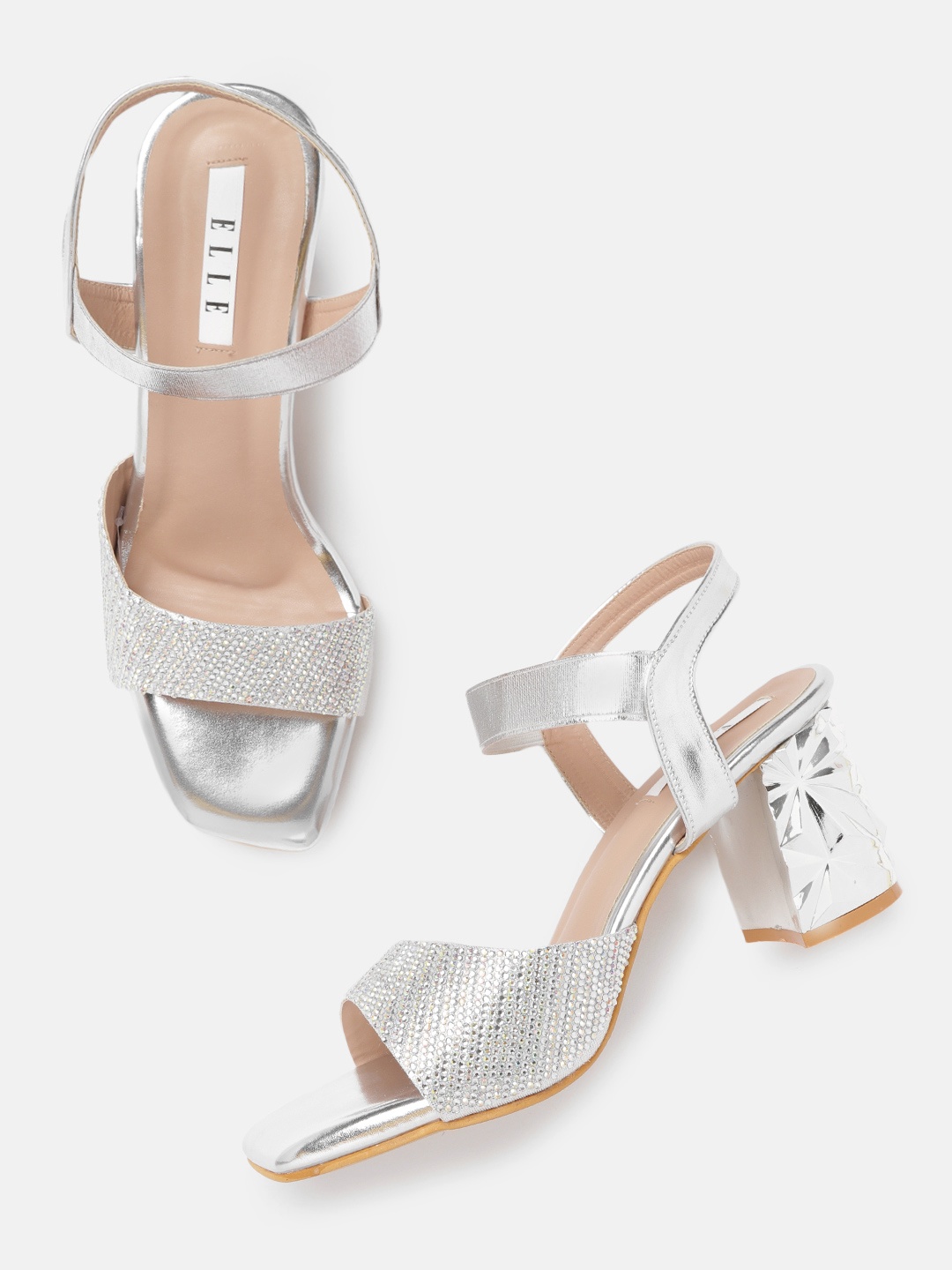 

ELLE Silver-Toned Embellished Party Block Sandals