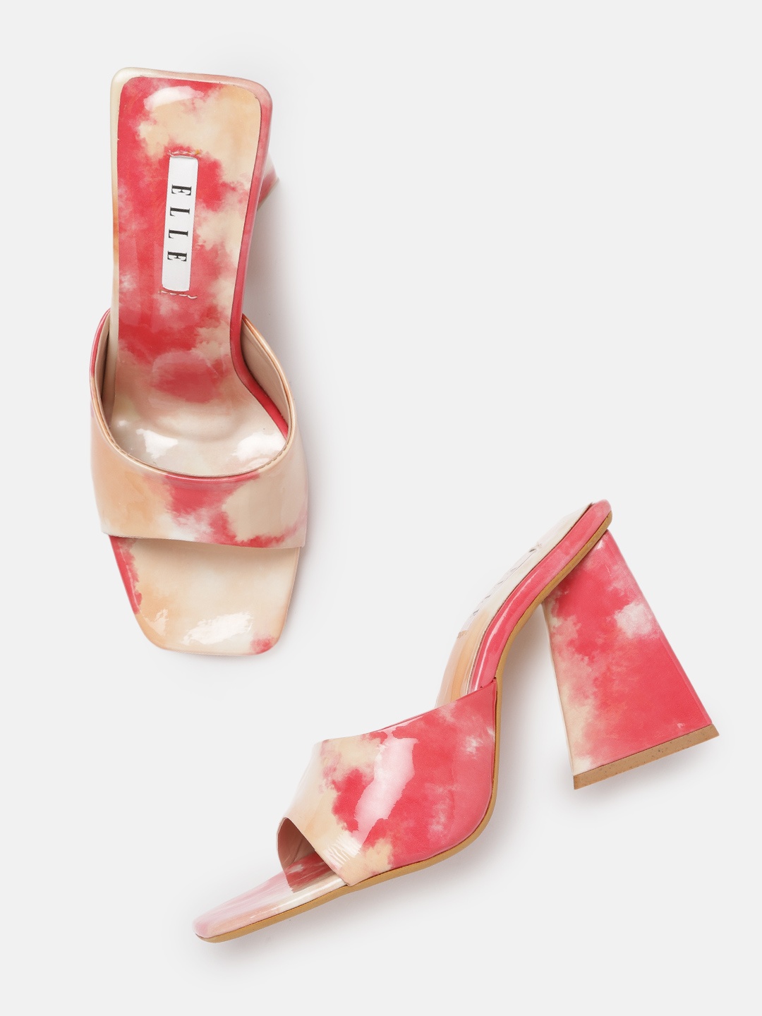 

ELLE Peach-Coloured & Red Printed Block Heels