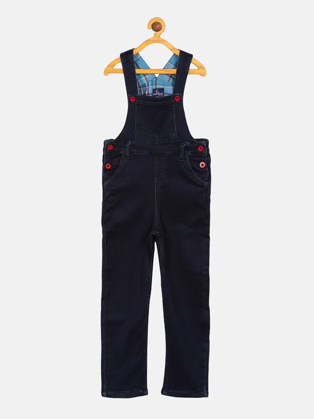 

KiddoPanti Boys Blue & Red Solid Denim Straight Leg Fit Dungaree