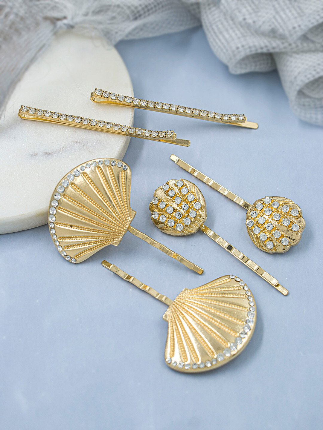 

Bellofox Women Set of 6 Gold-Plated & White Embellished Sea Shell Comb Pin