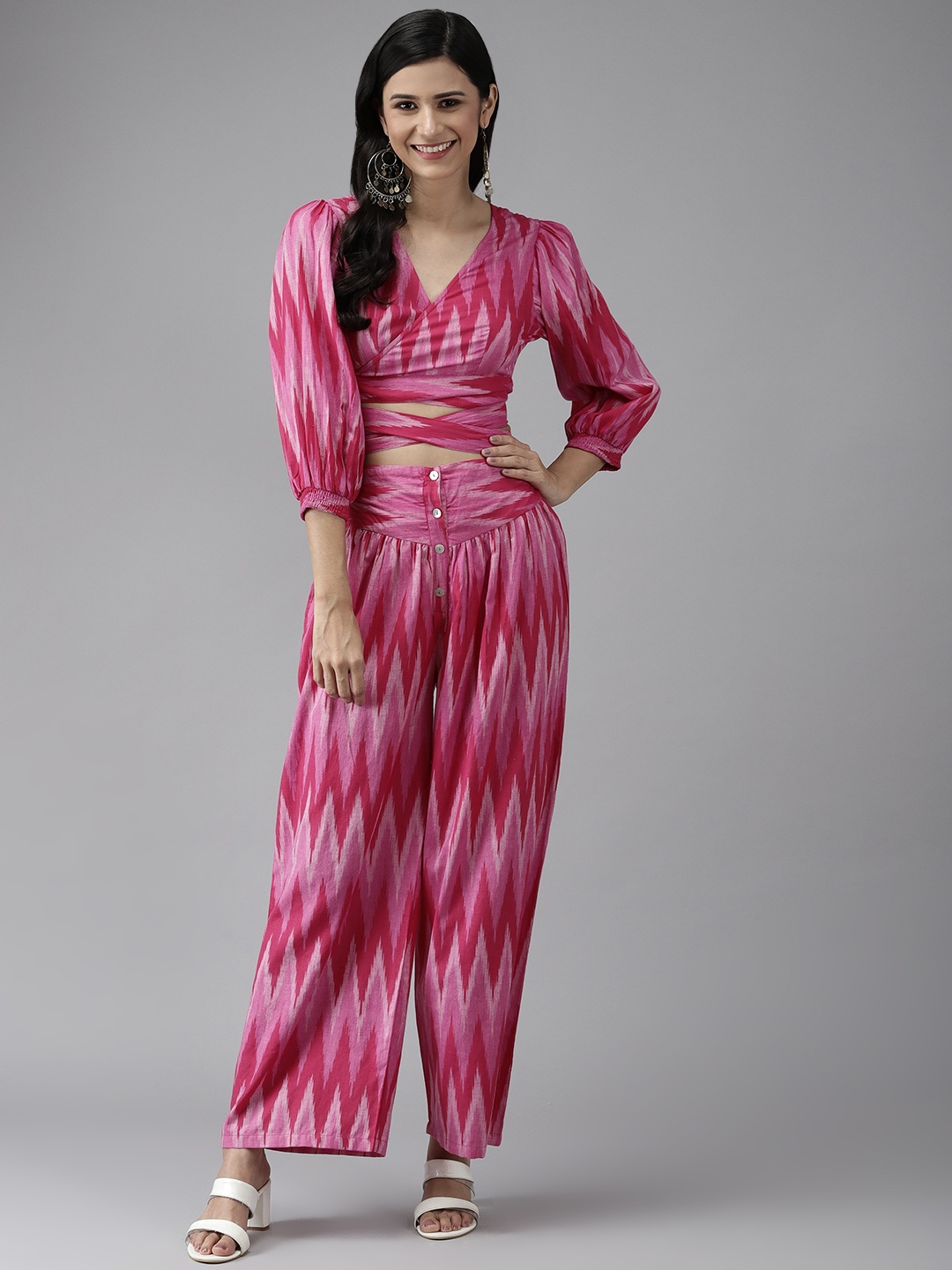 

Prakrti Ikat Printed Pure Cotton Wrap-Style Co-Ords, Pink