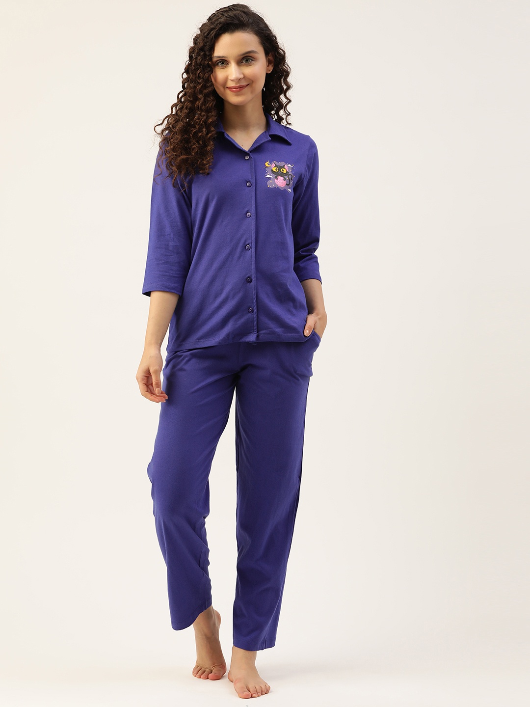 

Clovia Halloween Print 100% Cotton Button Down Shirt & Pyjama Night suit, Blue