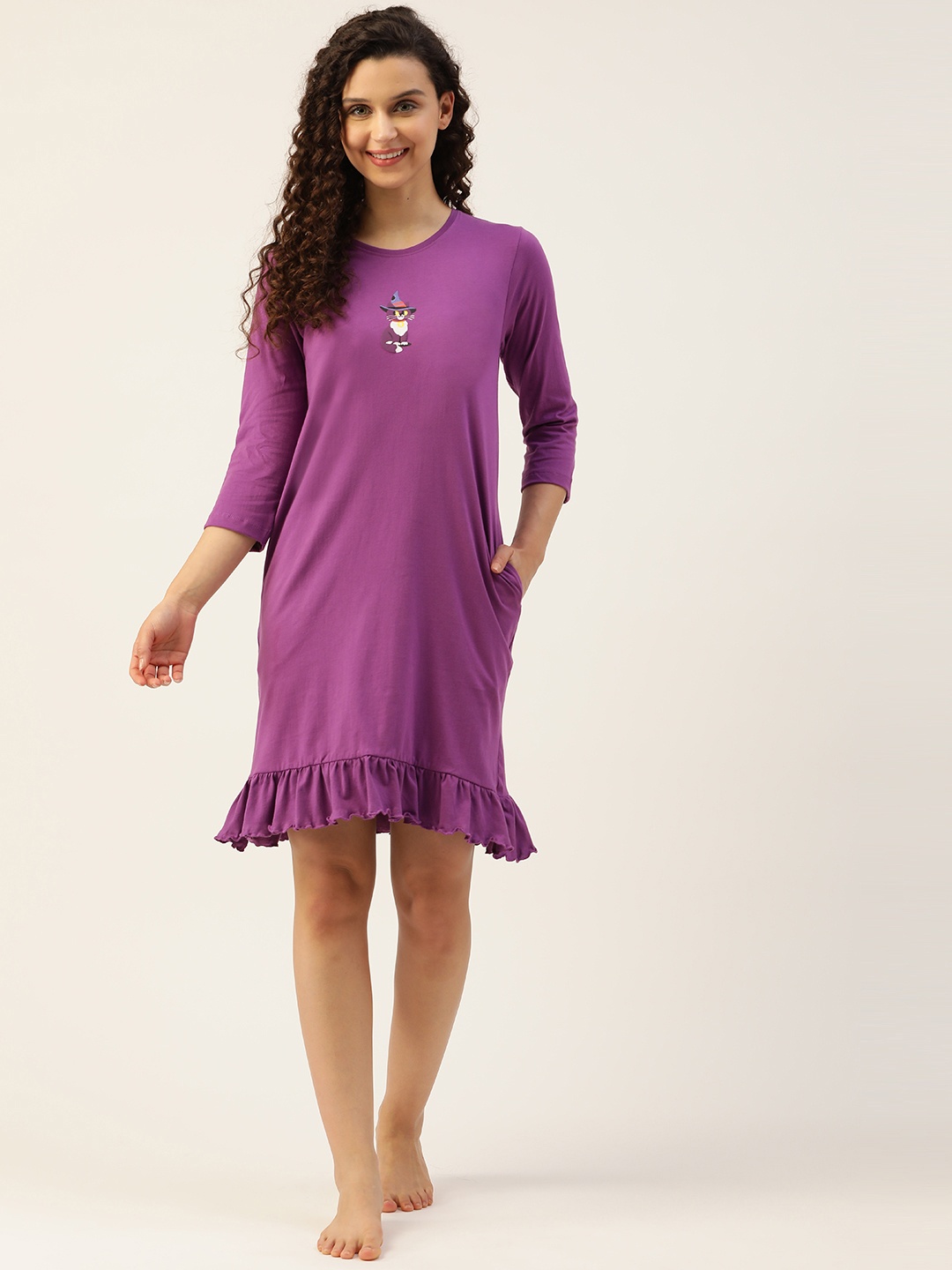 

Clovia Women Pure Cotton Holloween Printed Nightdress, Purple