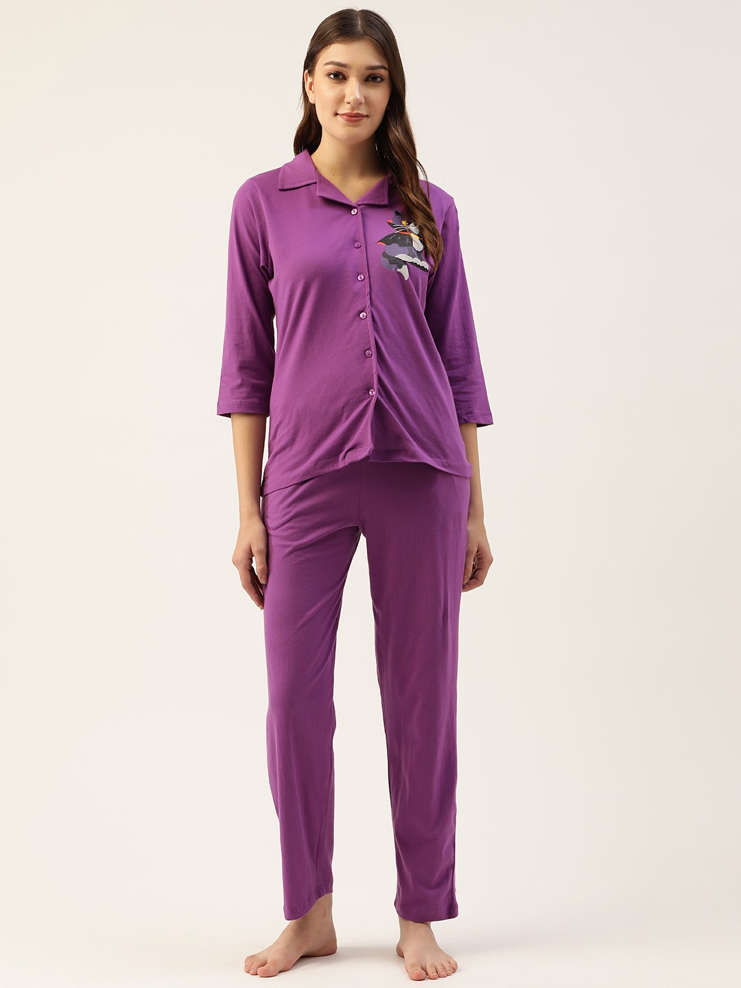 

Clovia Halloween Print Button Down Shirt & Pyjama Set, Purple