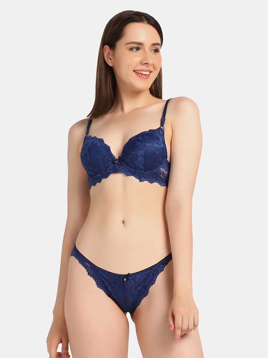 

Da Intimo Women Navy Blue Self Design Lightly Padded Lingerie Set