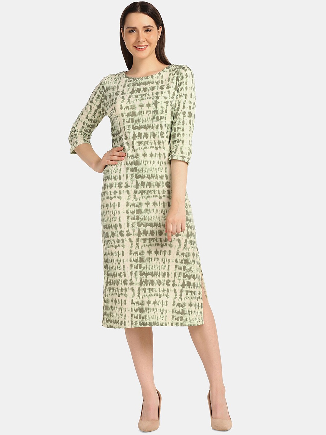 

Da Intimo Abstract Printed Round Neck A-Line Dress, Green