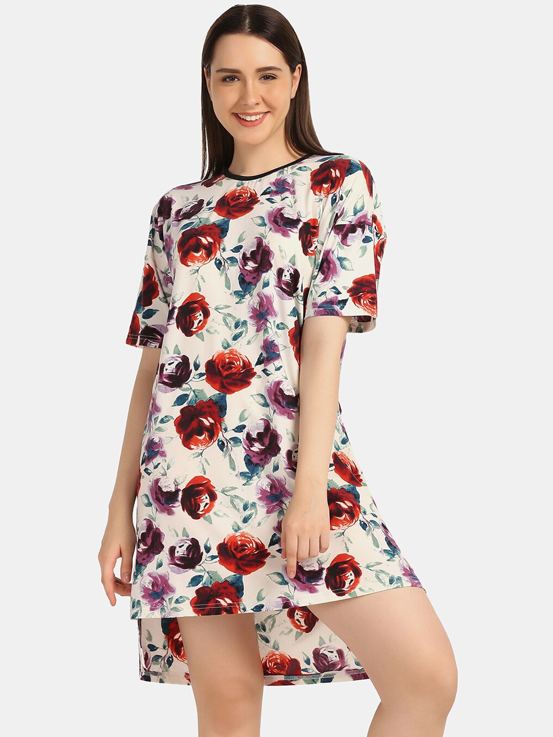 

Da Intimo Floral Printed Cotton Lycra T-Shirts Nightdress, White