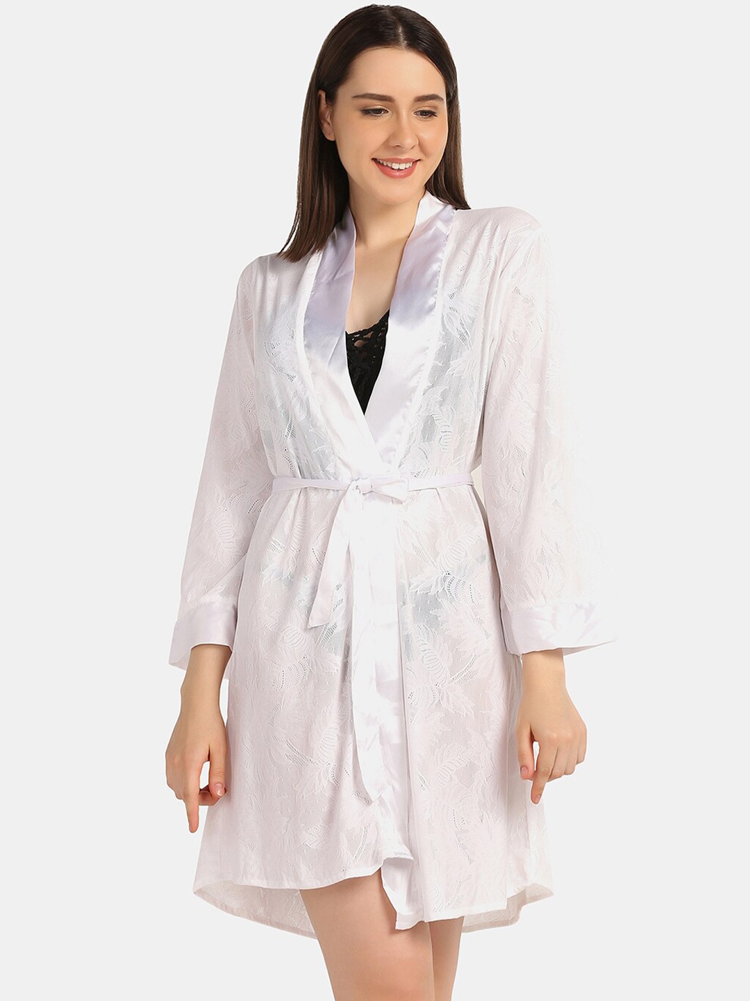 

Da Intimo Women White Self-Design Lace Loungewear Robe