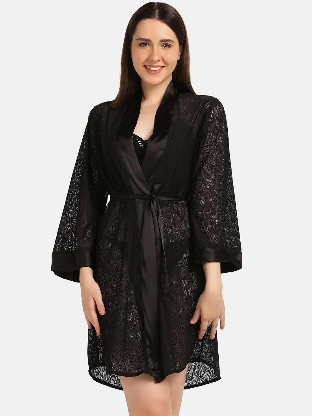 

Da Intimo Women Black Self-Design Robe
