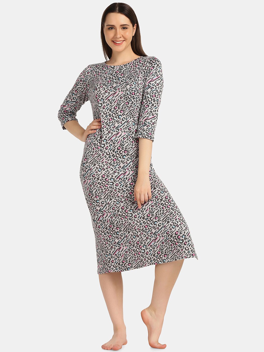 

Da Intimo Women Printed Long Lounge Maxi T-shirt, Grey