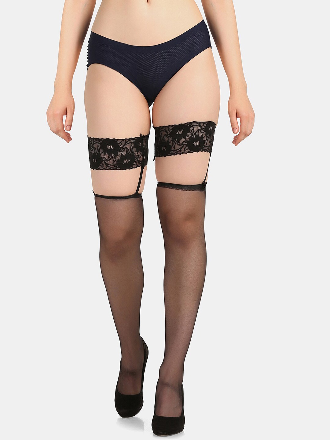 

Da Intimo Women Black Solid Semi Sheer Lace Stocking