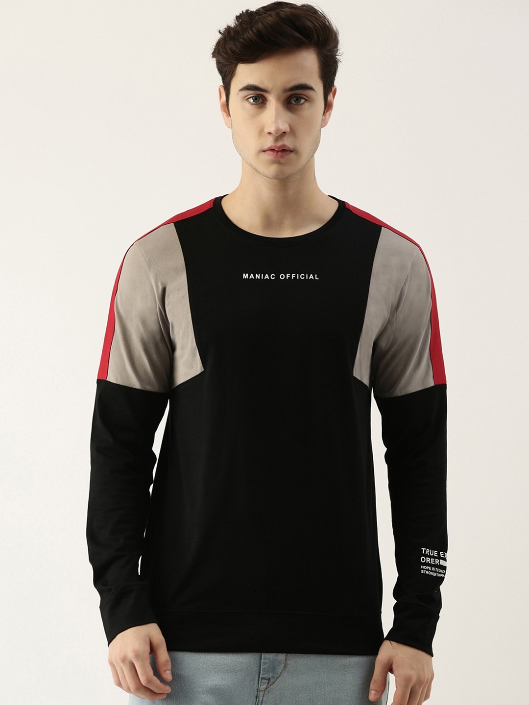 

Maniac Men Black Typography Colourblocked Slim Fit T-shirt