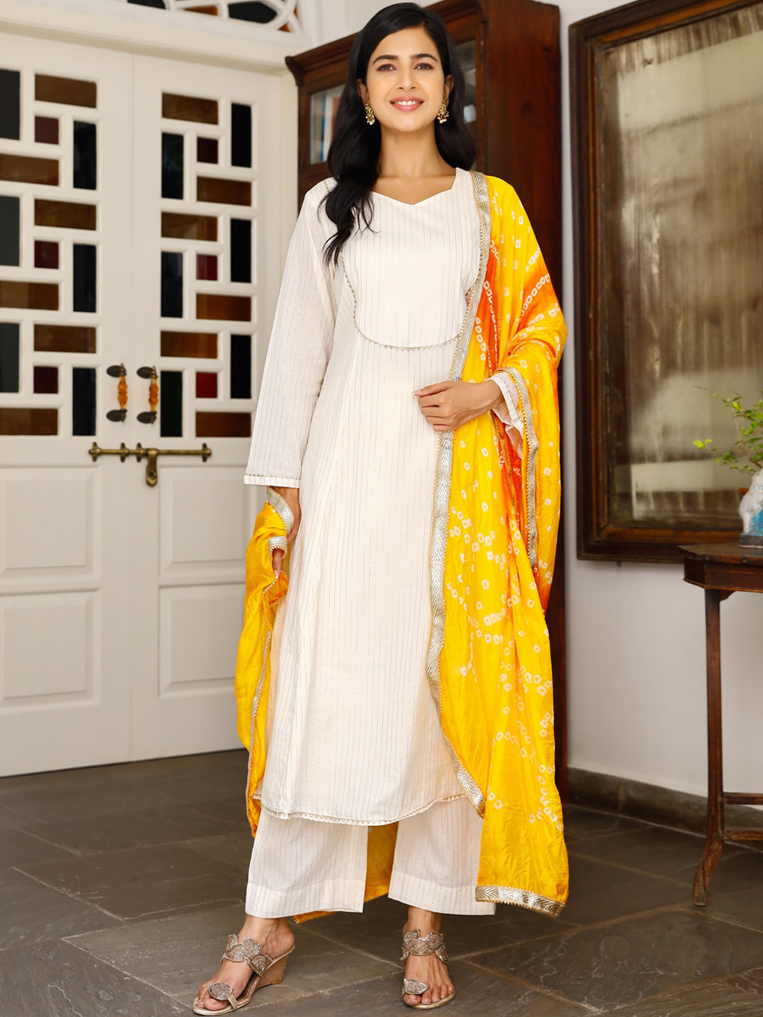 

Ambraee Women White & Yellow Striped A-Line Kurta with Palazzos & With Dupatta