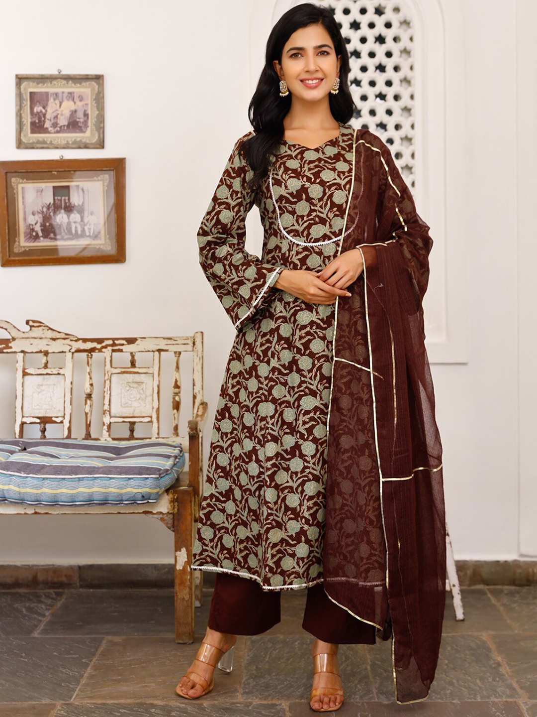 

Ambraee Women Burgundy & Olive Green Printed A-Line Kurta with Palazzos & With Dupatta