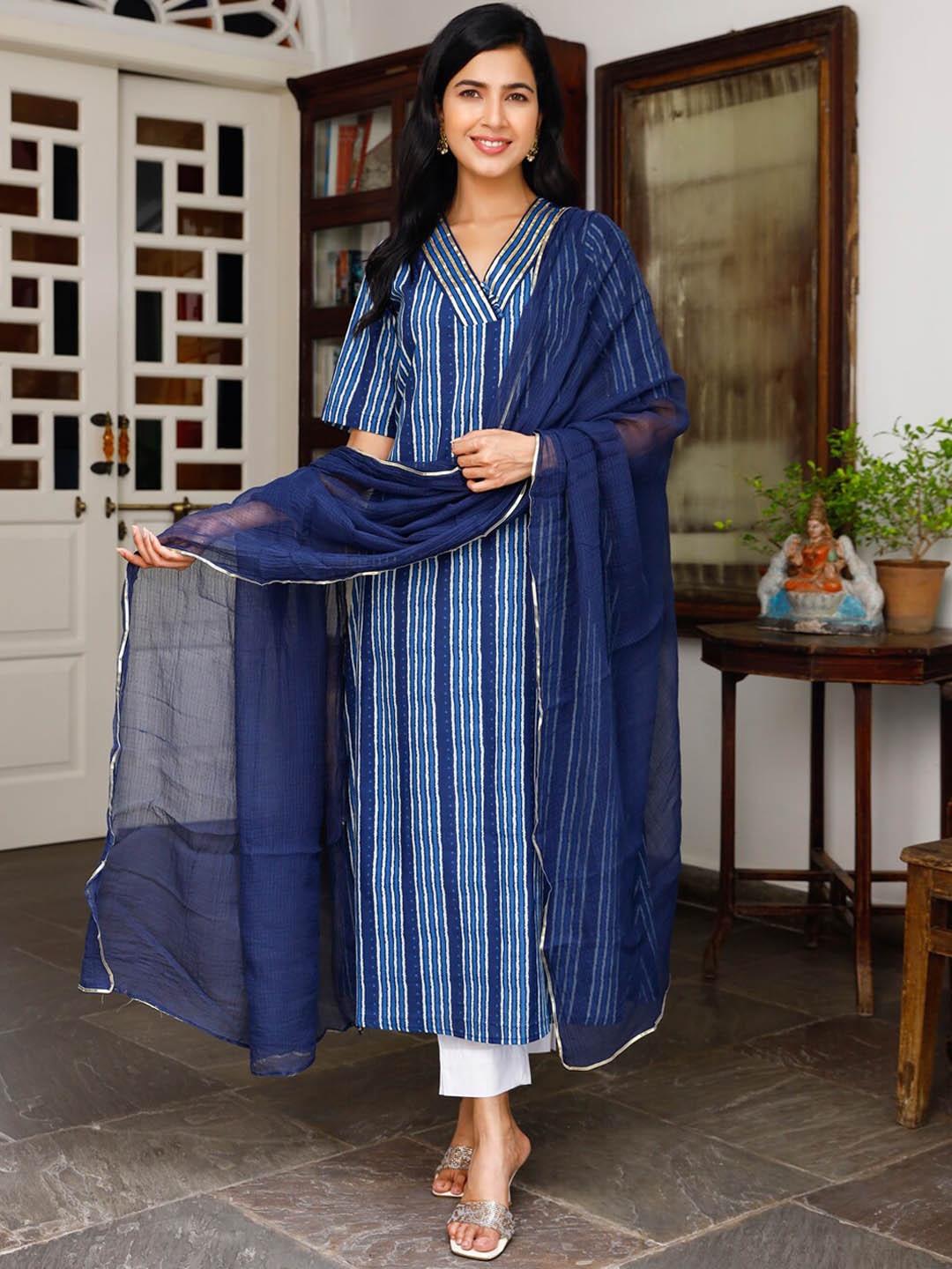 

Ambraee Women Blue Printed Gotta Patti Kurta with Trousers & With Dupatta