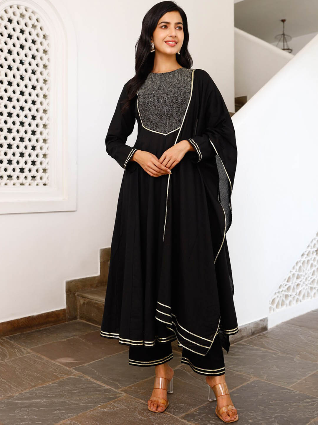 

Ambraee Women Black Yoke Design Gotta Patti Kurta with Trouser & With Dupatta Set