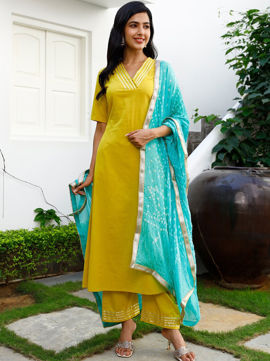 

Ambraee Women Yellow Gotta Patti Kurta with Trousers & With Dupatta