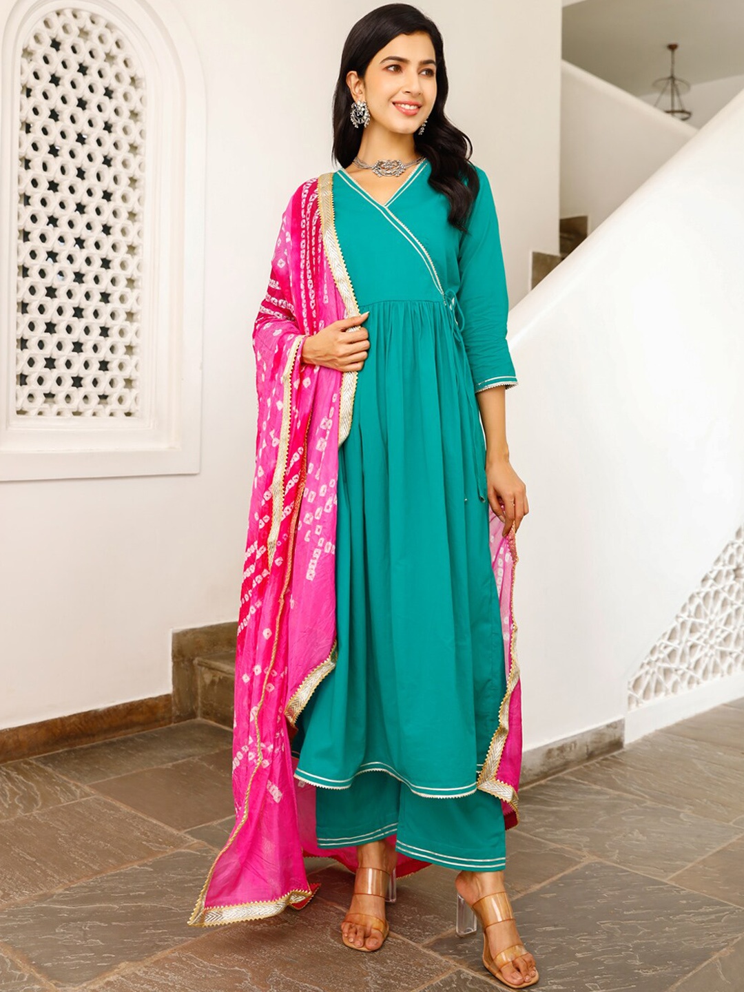 

Ambraee Women Green Angrakha Kurta with Trousers & With Dupatta