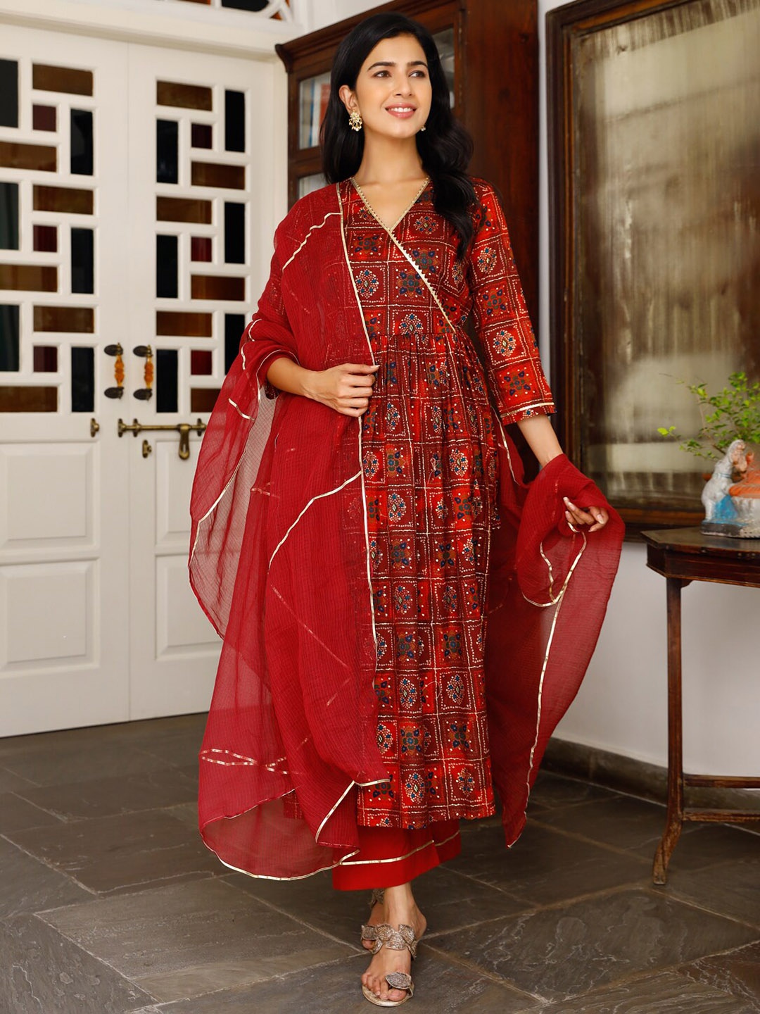 

Ambraee Women Maroon Printed Angrakha Gotta Patti Kurta with Trousers & With Dupatta