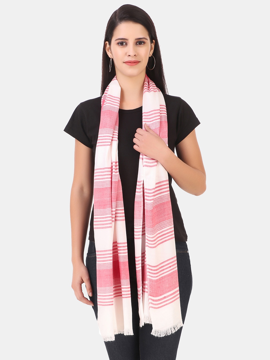

FWC FILL WITH COLOURS Women White & Pink Striped Stole With Fringed Border