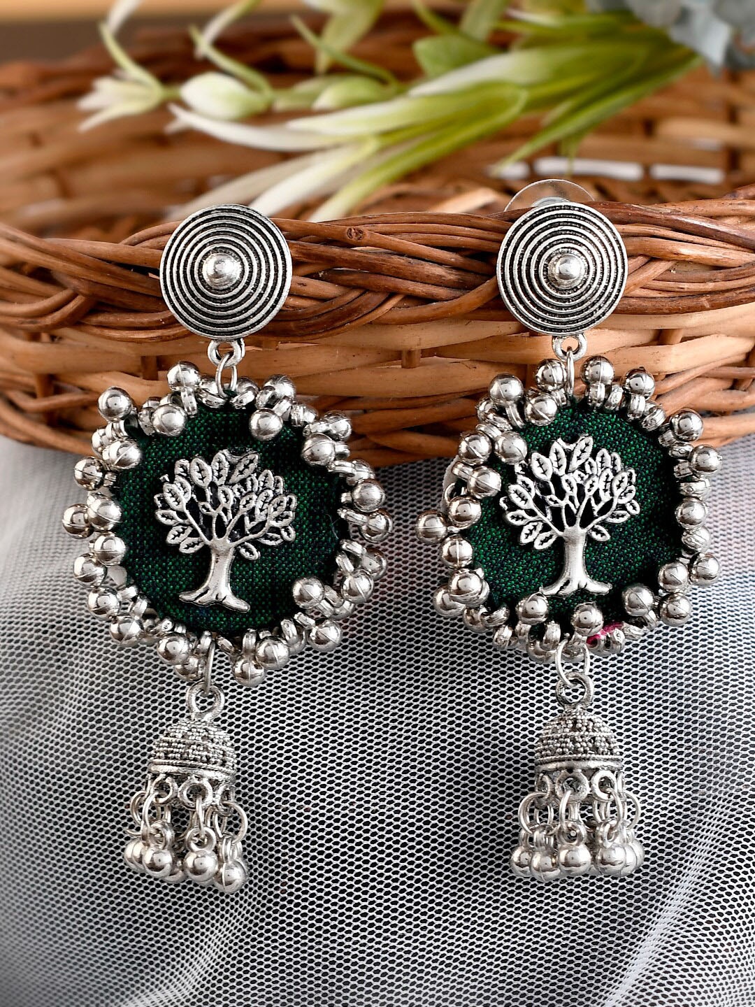 

Shoshaa Green Tree Shaped Oxidised Drop Earrings