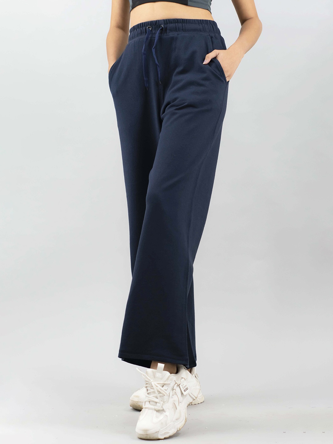 

IMPERATIVE Women Navy Blue Relaxed Flared High-Rise Trousers