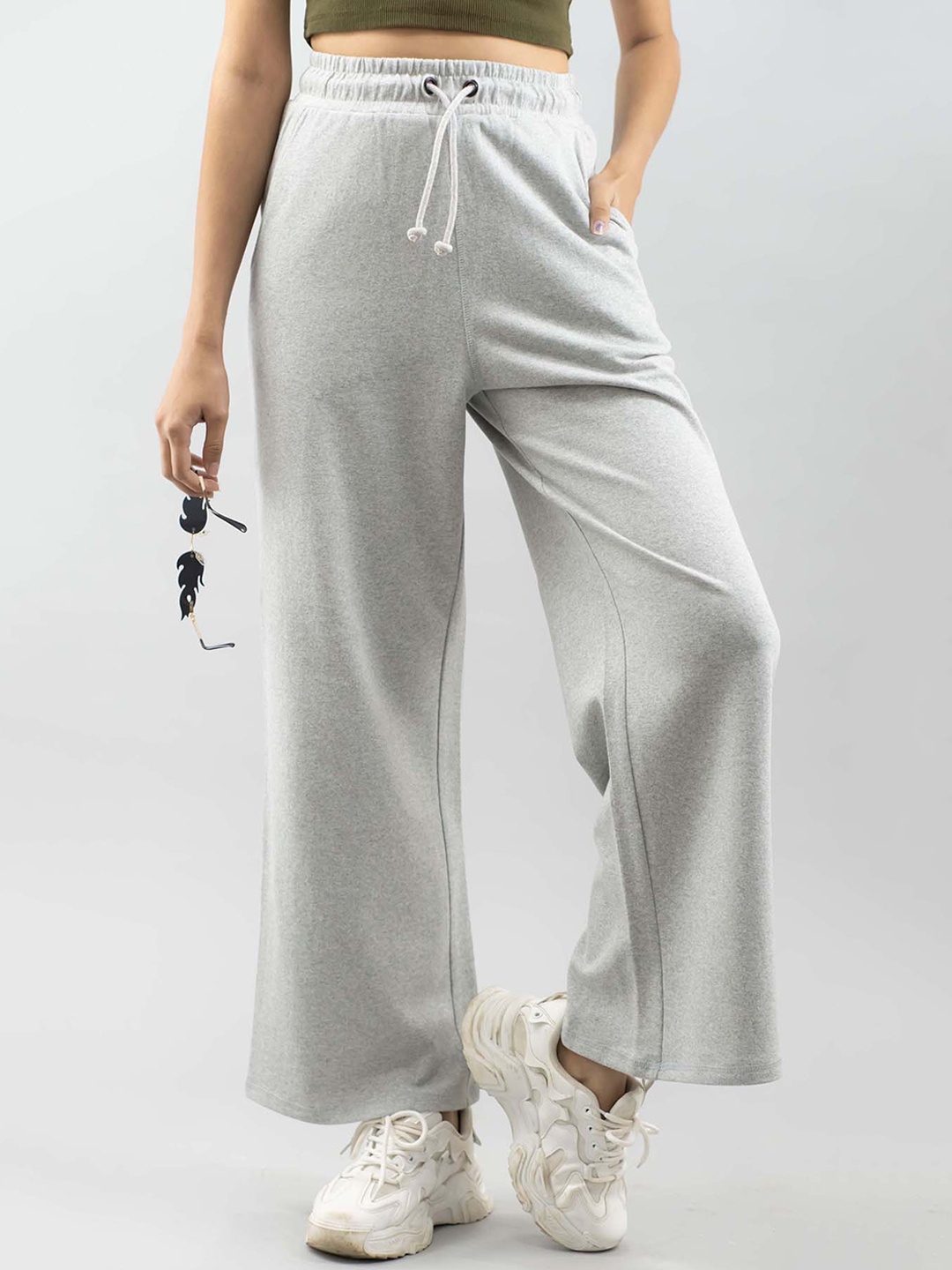 

IMPERATIVE Women Grey Relaxed Flared High-Rise Trousers