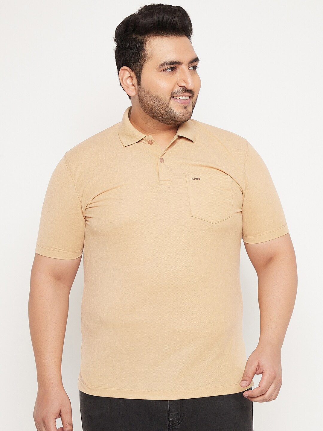 

Adobe Men Plus Size Beige Polo Collar Solid Cotton T-shirt