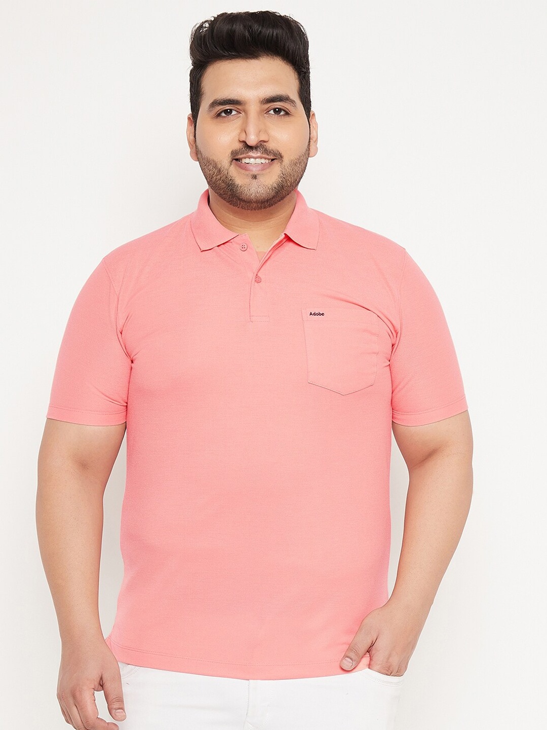 

Adobe Men Plus Size Peach-Coloured Polo Collar Solid Cotton T-shirt