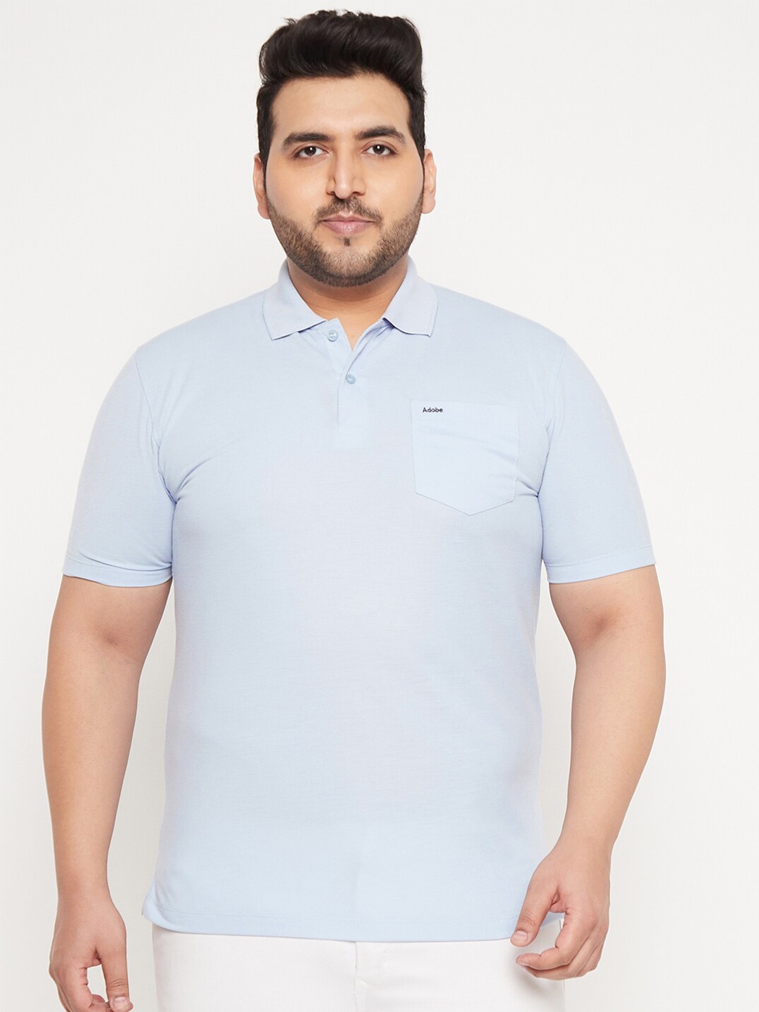 

Adobe Men Plus Size Blue Polo Collar Solid Cotton T-shirt