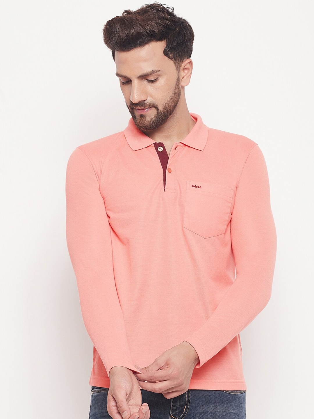 

Adobe Men Peach-Coloured Polo Collar Solid Cotton T-shirt