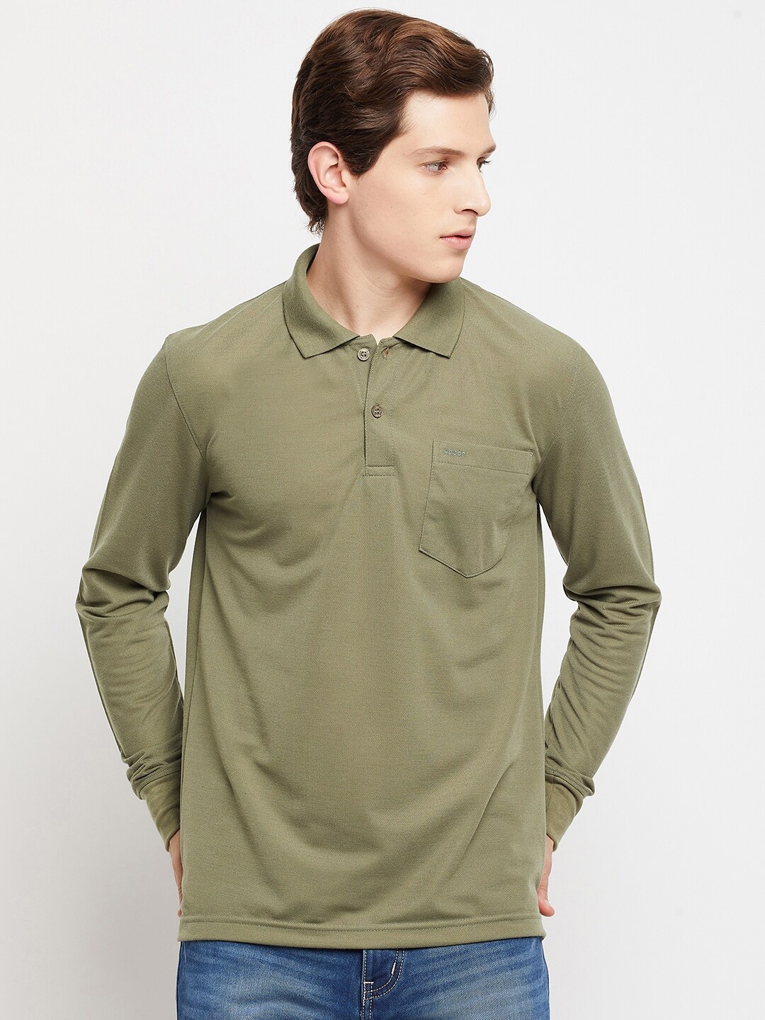 

Adobe Men Olive Green Polo Collar Solid Cotton T-shirt