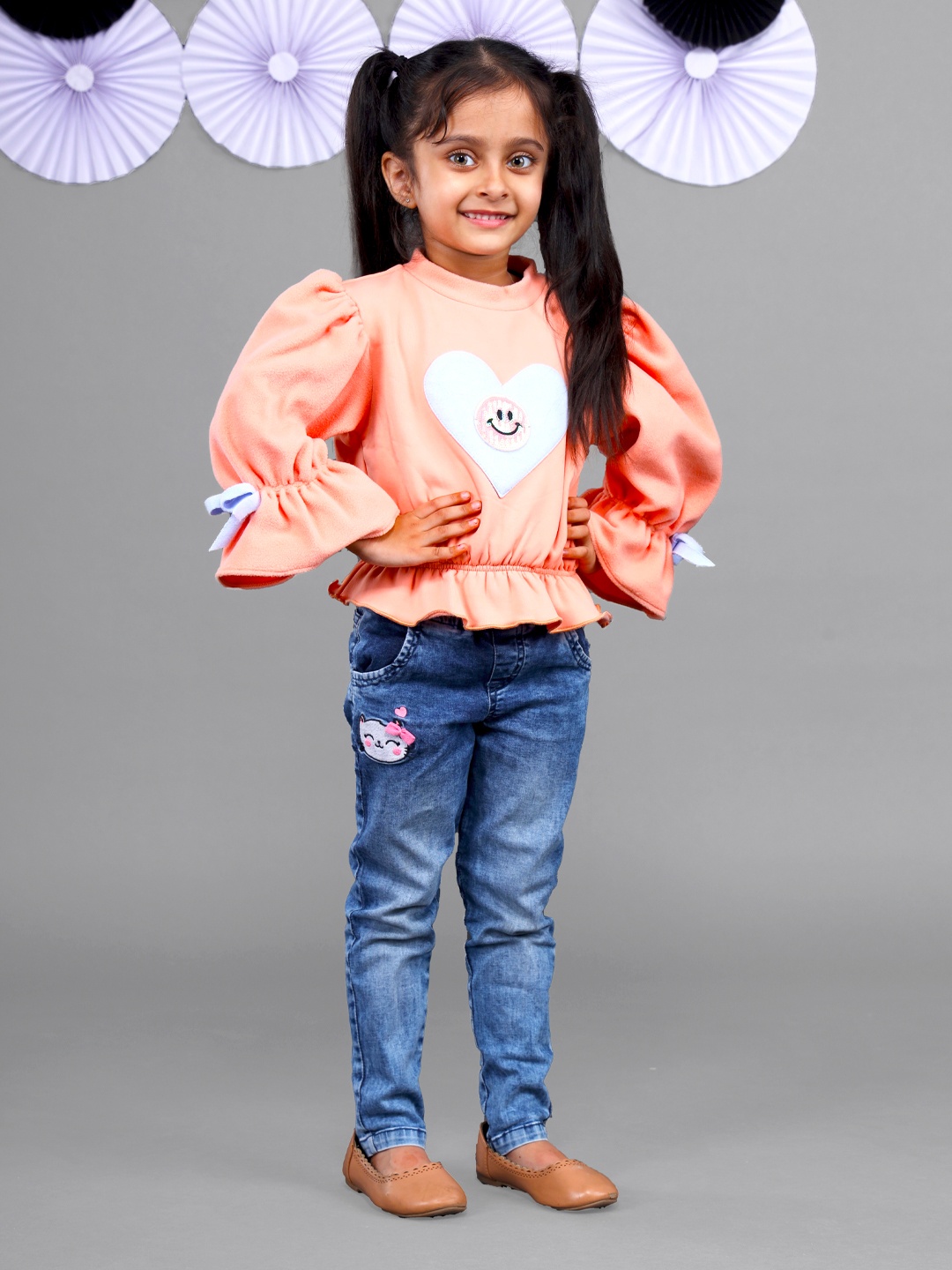 

Beyabella Girls Peach-Coloured Printed Fleece Sweatshirt