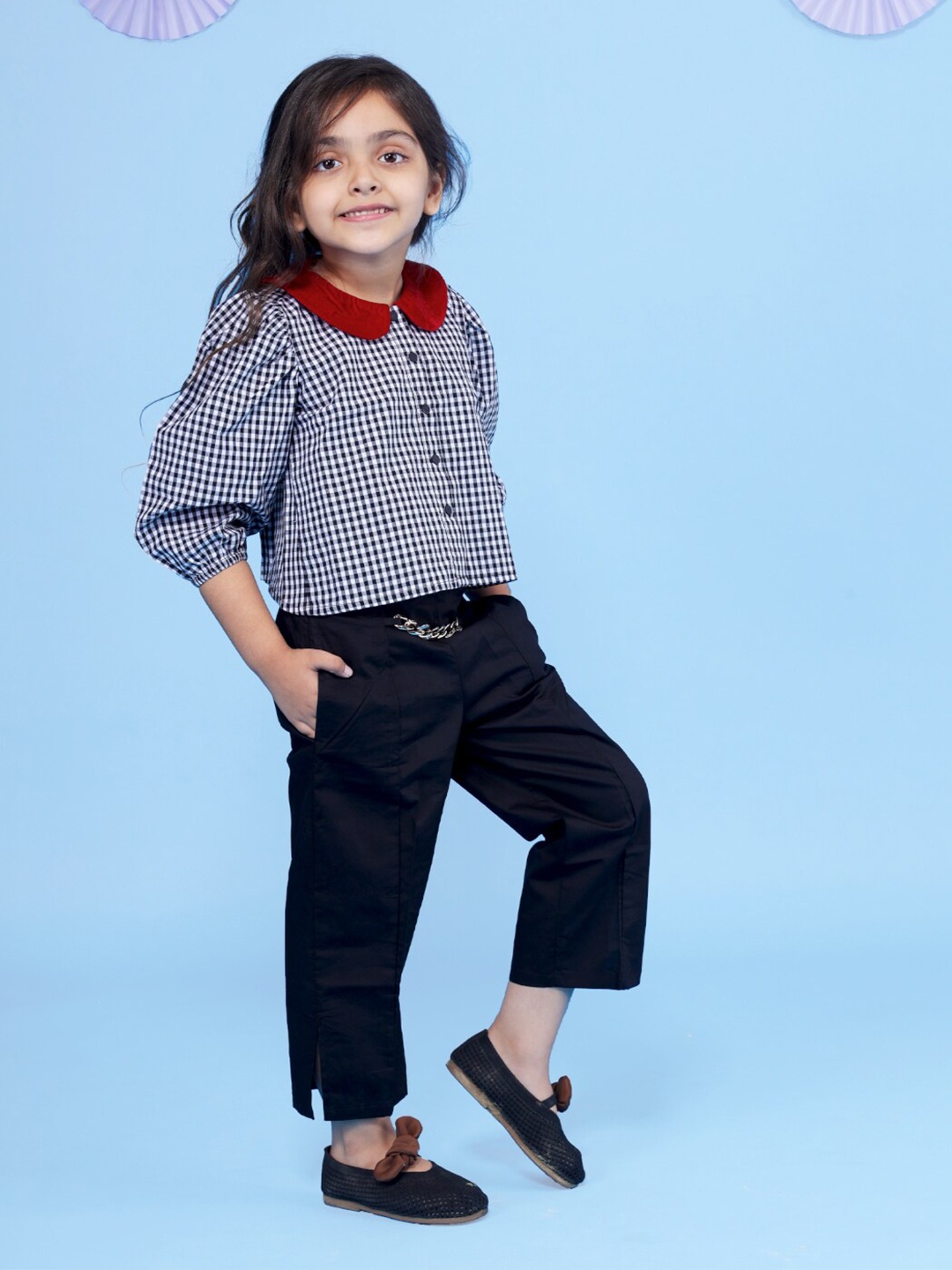 

Beyabella Girls Black & White Checked Pure Cotton Peter Pan Collar Top