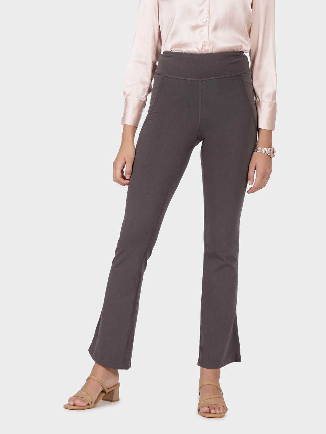 

Blissclub Women High Waist Groove In Cotton Flare Track Pants, Grey